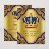Invitation Garçons Prince Baptême Royal Bleu et or Couronne (Devant / Derrière)