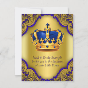 Invitation Garçons Prince Baptême Royal Bleu et or Couronne