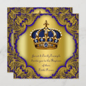 Invitation Garçons Prince héritier Baptême Royal Bleu et or (Devant / Derrière)