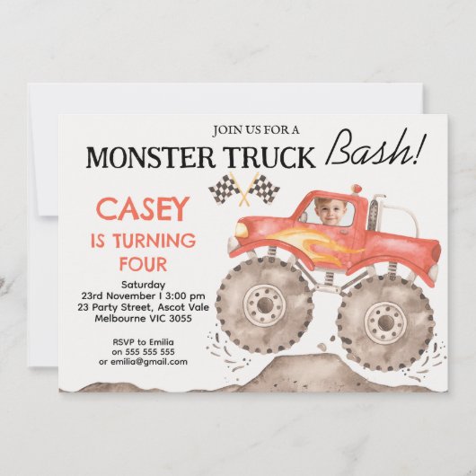 Invitation Garçons Red Monster Camion Bash Anniversaire (Devant)