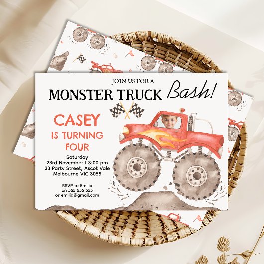 Invitation Garçons Red Monster Camion Bash Anniversaire