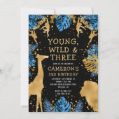 Invitation Garçons Safari 3e anniversaire fête Blue Gold Blac (Devant)