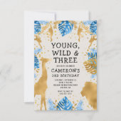 Invitation Garçons Safari 3e anniversaire fête Blue Gold Ecru (Devant)