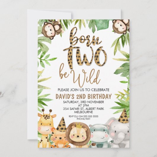 Invitation Garçons Safari Animaux Deux Wild Birthday Invitati (Devant)