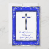Invitation Garçons Sainte Communion Argent Croix Bleue Royale (Devant)