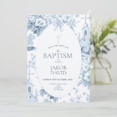 Invitation Garçons Sauvez la date, Toile Bleue Baptême Floral (Debout devant)