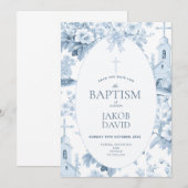 Invitation Garçons Sauvez la date, Toile Bleue Baptême Floral (Devant / Derrière)