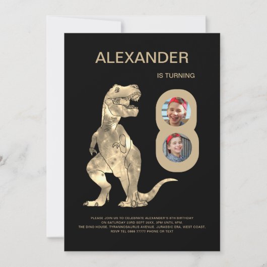 Invitation Garçons T-Rex Dino 8e anniversaire fête photo Coll (Devant)