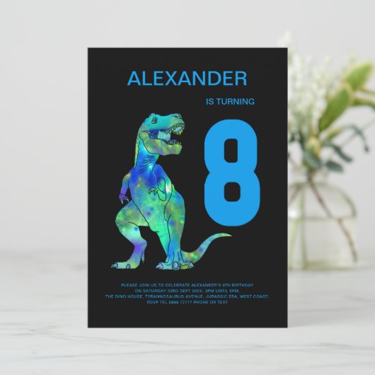 Invitation Garçons T-Rex Dino 8e fête d'anniversaire (Debout devant)