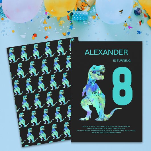Invitation Garçons T-Rex Dinosaur 8e anniversaire Party Blue