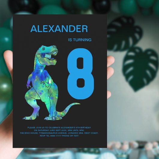 Invitation Garçons T-Rex Dinosaur 8e anniversaire Party Blue
