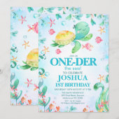 Invitation Garçons Tortue de mer près de la mer 1er anniversa (Devant / Derrière)