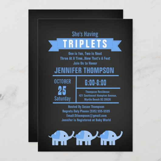 Invitation Garçons Triplet Elephant Baby shower Chalkboard (Devant / Derrière)