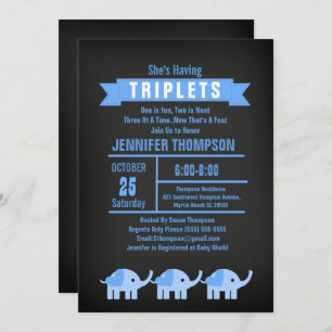 Invitation Garçons Triplet Elephant Baby shower Chalkboard