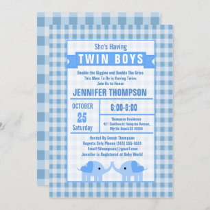 Invitation Garçons Twin Elephant Baby shower bleu En vichy