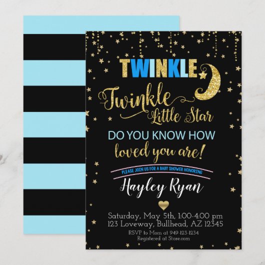 Invitation Garçons Twinkle Twinkle Little Star Bleu Baby Show (Devant / Derrière)