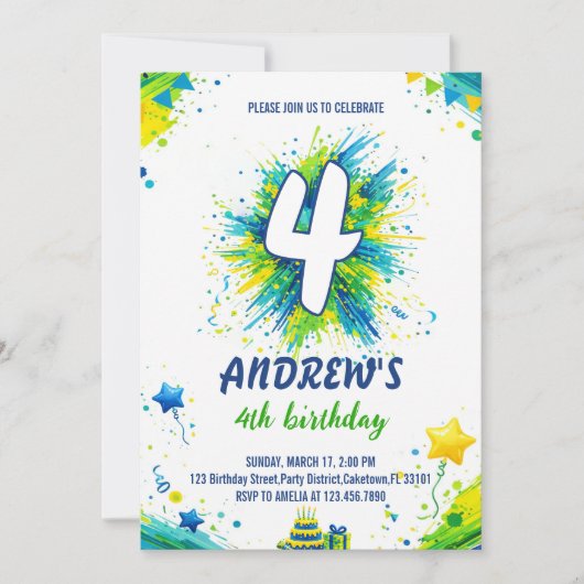 Invitation Garde d'anniversaire garcon bleu vert éclaboussure (Devant)