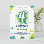 Invitation Garde d'anniversaire garcon bleu vert éclaboussure (Debout devant)