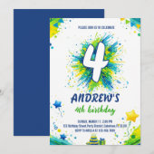 Invitation Garde d'anniversaire garcon bleu vert éclaboussure (Devant / Derrière)