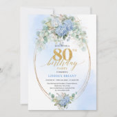 Invitation Garden Blue Hydrangea Gold 80th Birthday Invites (Devant)