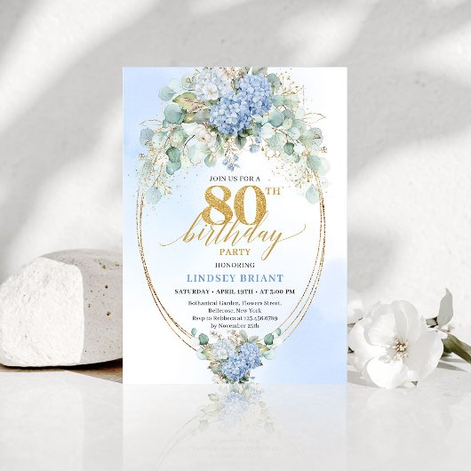 Invitation Garden Blue Hydrangea Gold 80th Birthday Invites