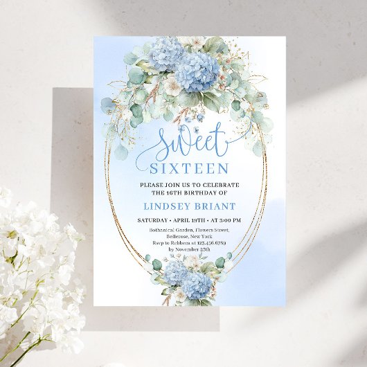 Invitation Garden Boho Blue Hydrangeas Sweet Sixteen Invite