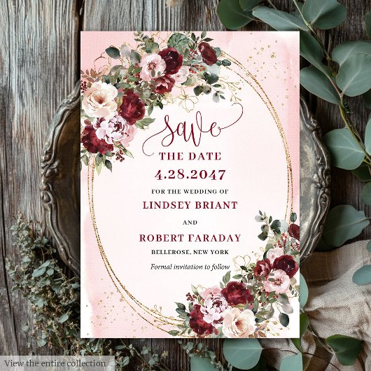 Invitation Garden Boho Merlot Blush Gold Roses Save the Date