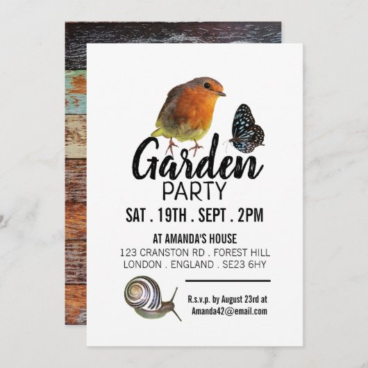 Invitation Garden Creatures, Rustic Garden Party (Devant / Derrière)