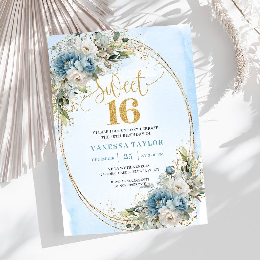 Invitation Garden Dusty Blue Floral Sweet 16th Birthday