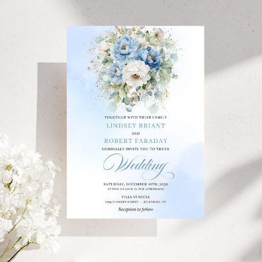 Invitation Garden Dusty Blue White Flowers Gold Wedding