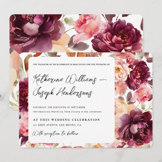 Invitation Garden Floral Bourgogne Script calligraphie Mariag (Devant / Derrière)