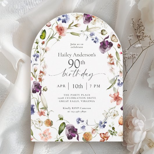 Invitation Garden Flowers Botanical Script 90th Birthday