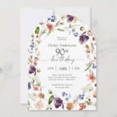 Invitation Garden Flowers Botanical Script 90th Birthday (Devant)