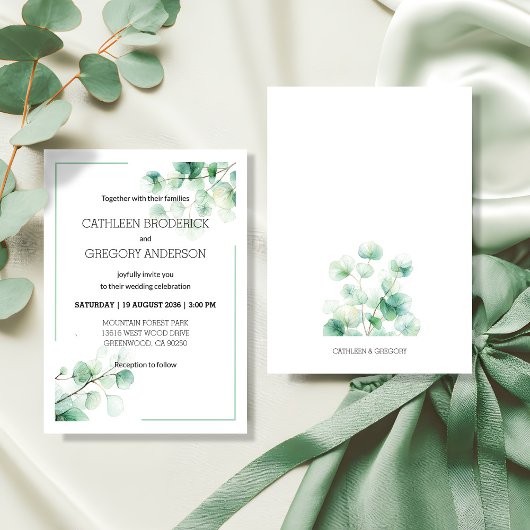 Invitation Garden Green Watercolor Eucalyptus Leaves Wedding
