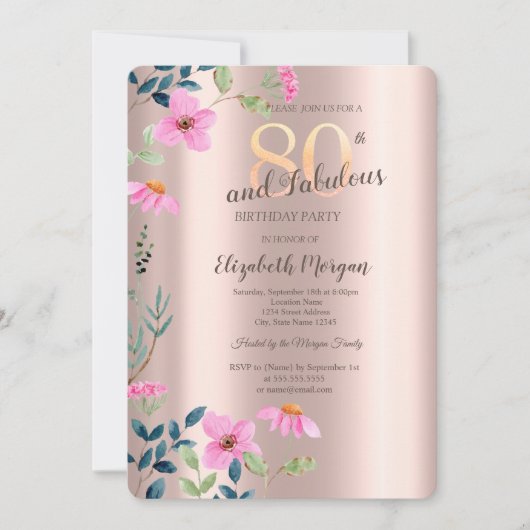 Invitation Garden Pink Flowers Rose Gold 80e anniversaire (Devant)