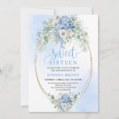 Invitation Garden Script Blue Floral Gold Sweet 16 Birthday  (Devant)