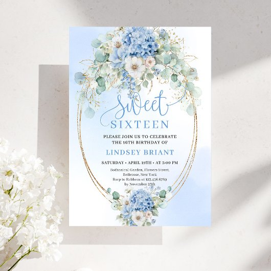 Invitation Garden Script Blue Floral Gold Sweet 16 Birthday 