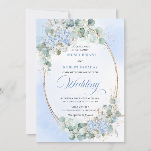 Invitation Garden Style Blue Hydrangea Wheat Wedding Invite (Devant)