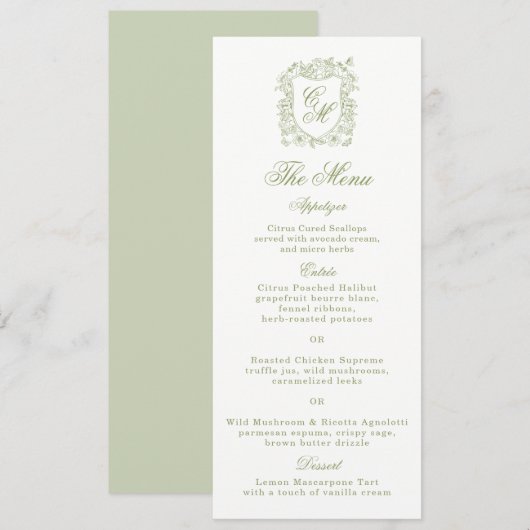 Invitation Garden Wedding Sage Green Monogram Crest Menu Card (Devant / Derrière)