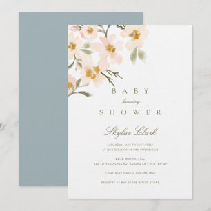 Invitation Gardenia Aquarelle Floral Dusty Baby shower bleu