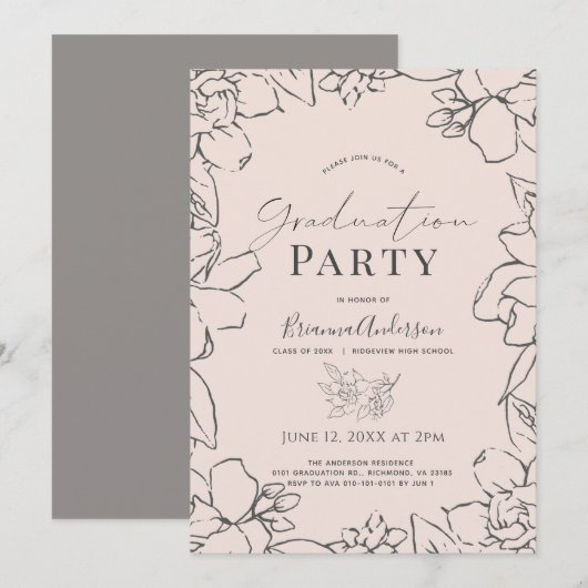 Invitation Gardenia rose Floral Graduation (Devant / Derrière)