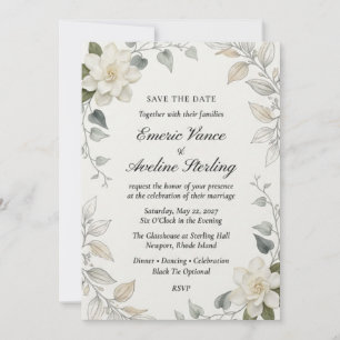 Invitation Gardénias Neutres, Feuillage Aquarelle, Botanique