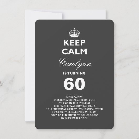 Invitation Gardez le calme B&W Funny Milestone 60e fête d'ann (Devant)