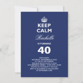 Invitation Gardez le calme Bleu Funny Jalon 40e fête d'annive (Devant)