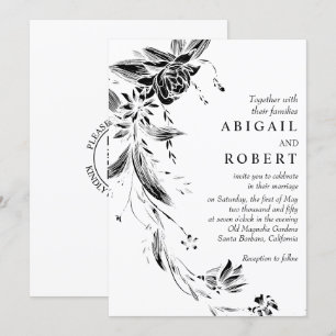 Invitation Garland floral noir et blanc Code QR mariage