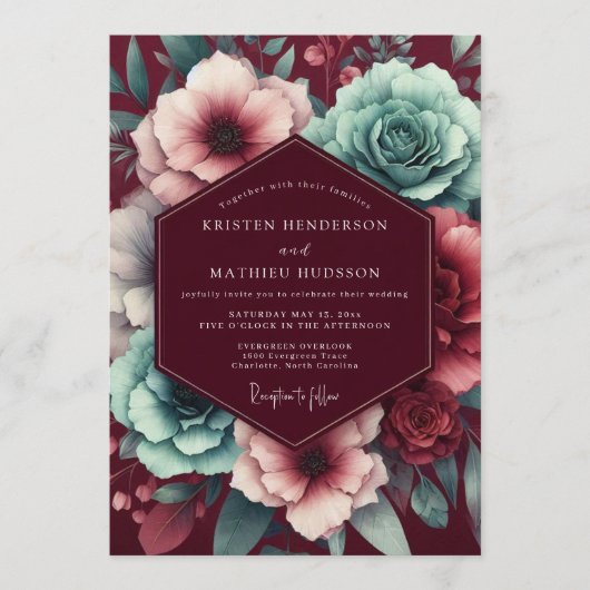 Invitation Garnet Teal Moody Bloom Wedding (Devant)
