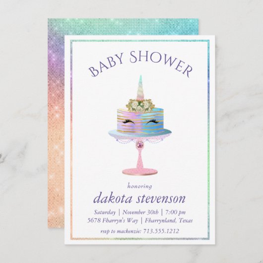 Invitation Gâteau à licorne magique | Douche aquarelle Imagin (Devant / Derrière)