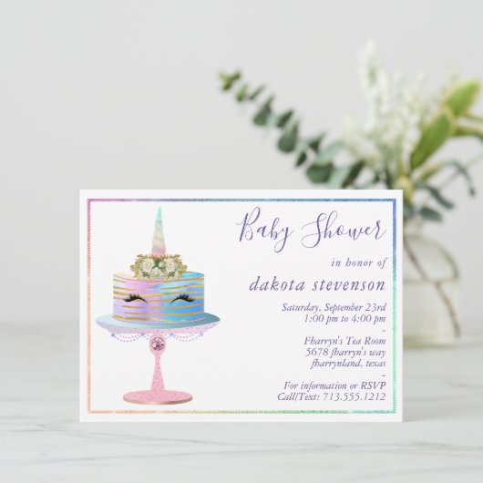 Invitation Gâteau à licorne magique | Douche aquarelle Imagin (Debout devant)