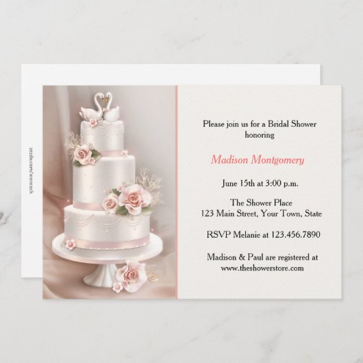 Invitation Gâteau à poils roux, Roses, cygnes, Fête de l'mari (Devant / Derrière)