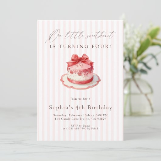 Invitation Gâteau à ruban rose 4e anniversaire (Debout devant)